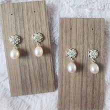 Load image into Gallery viewer, Colored freshwater pearl drop with floral vermeil earrings