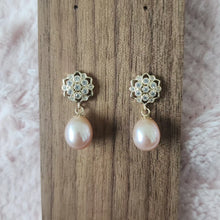Load image into Gallery viewer, Colored freshwater pearl drop with floral vermeil earrings