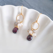 Load image into Gallery viewer, Red Garnet briolette drop earrings with labradorite and moonstone cluster / 14K Gold filled