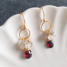 Load image into Gallery viewer, Red Garnet briolette drop earrings with labradorite and moonstone cluster / 14K Gold filled