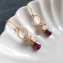 Load image into Gallery viewer, Red Garnet briolette drop earrings with labradorite and moonstone cluster / 14K Gold filled