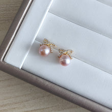 Load image into Gallery viewer, Pink Freshwater pearls set in Dainty Ribbon CZ studs