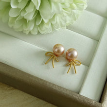 Load image into Gallery viewer, Light and Sweet Pink Freshwater pearls set in dainty ribbon style studs (Gold)