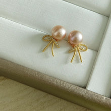 Load image into Gallery viewer, Light and Sweet Pink Freshwater pearls set in dainty ribbon style studs (Gold)