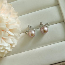 Load image into Gallery viewer, Lavender Freshwater pearls set in CZ delicate ribbon style studs (Silver)