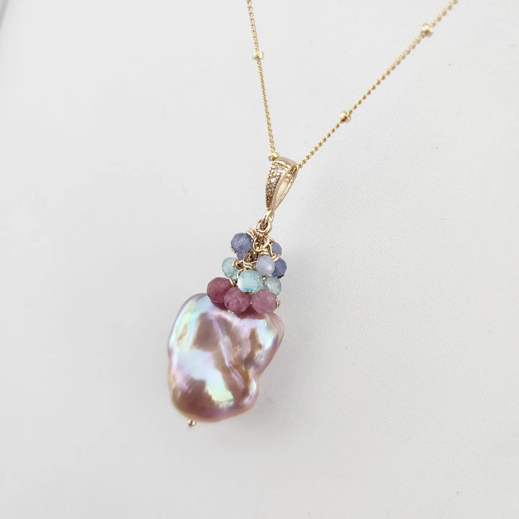 Lavender Edison baroque pearl necklace with cluster gemstones
