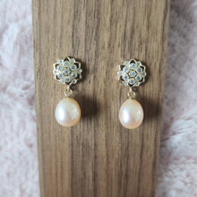 Load image into Gallery viewer, Colored freshwater pearl drop with floral vermeil earrings
