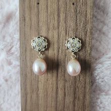 Load image into Gallery viewer, Colored freshwater pearl drop with floral vermeil earrings
