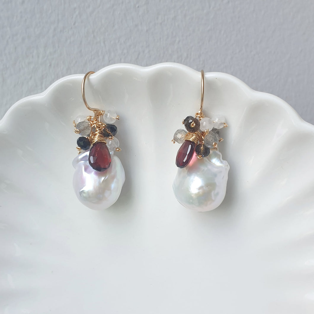 White freshwater baroque pearls with Red garnet briolette and gemstone clusters