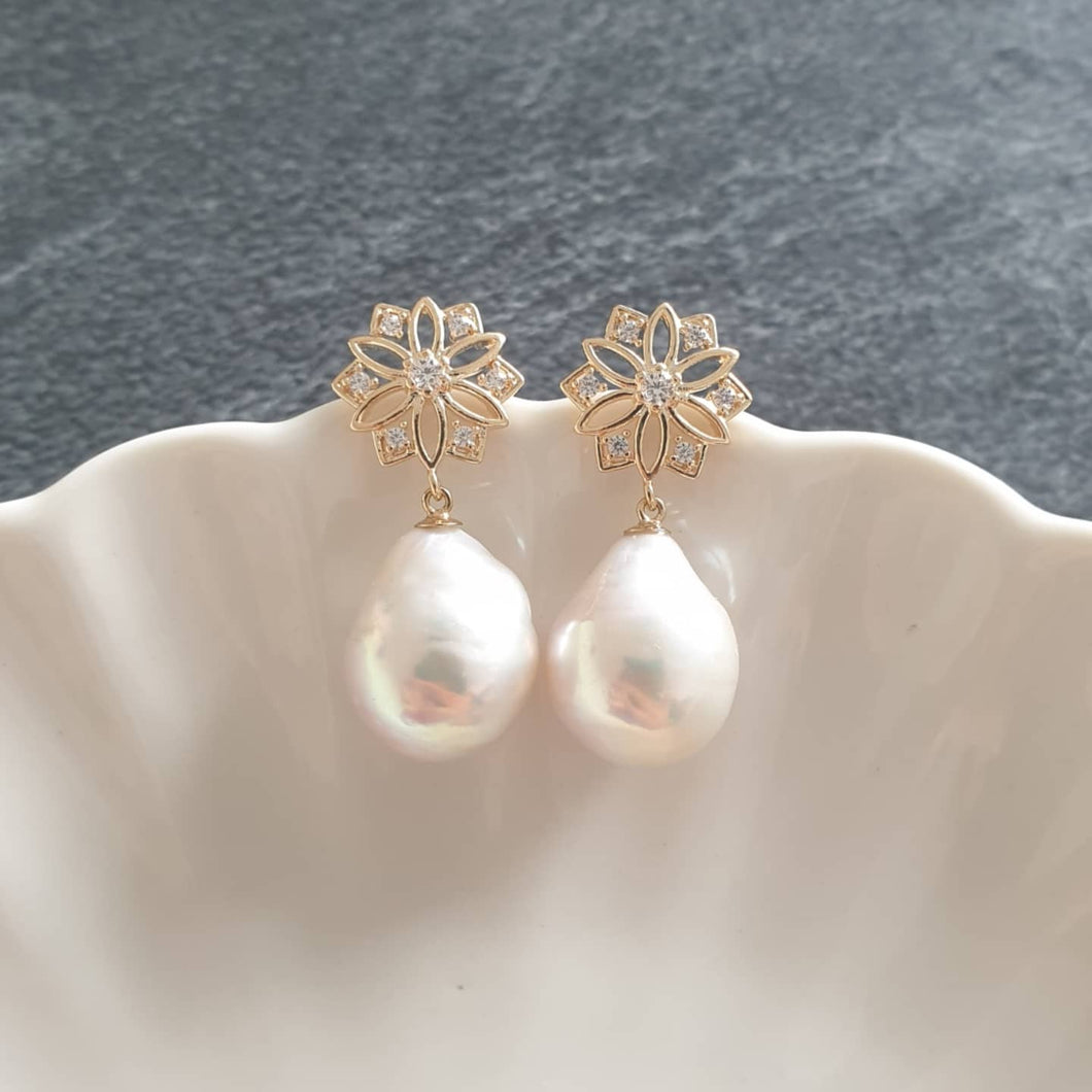 Floral Peranakan style studs with white baroque pearl drops