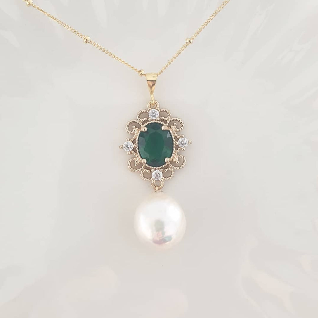 Emerald Green charm with White baroque pearl drop necklace