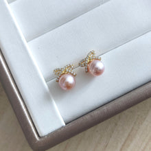 Load image into Gallery viewer, Pink Freshwater pearls set in Dainty Ribbon CZ studs
