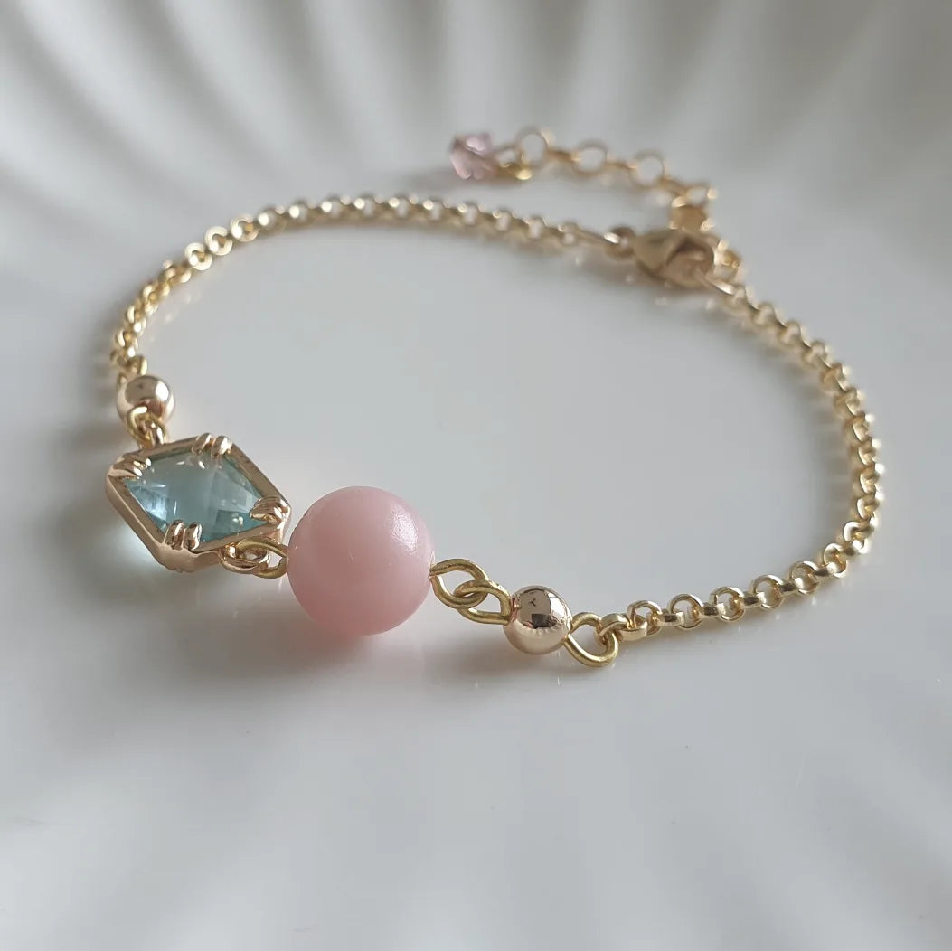 Pink Opal and blue charm bracelet in 14K Gold Filled