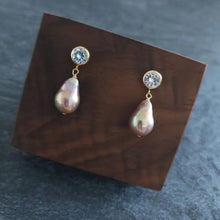 Load image into Gallery viewer, Freshwater pearl drops set with round CZ earposts
